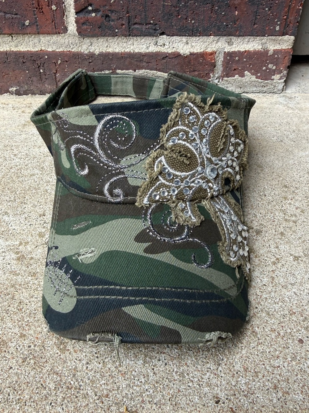 Y2K Camo Visor Cap with Beaded Appliqué